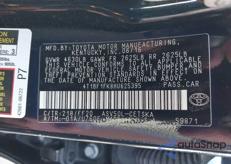 2017 Toyota Camry Se from USA, damaged, VIN 4T1BF1FK8HU625395